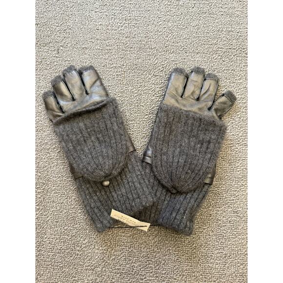 Carolina Amato Women's S/M Gray Cashmere Blend Knit Mittens Leather NWT - Picture 1 of 6